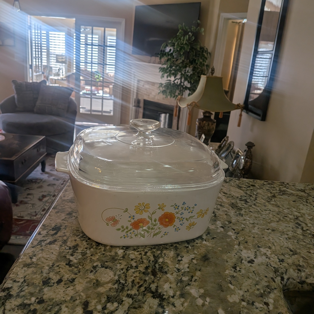 CorningWare Floral Square Casserole Dish with Lid - White with Orange Flowers